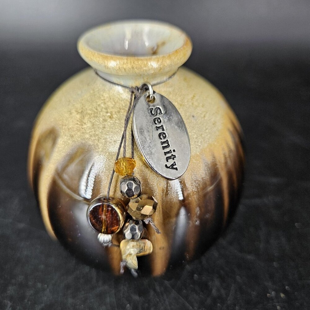 Ceramic Bud Vase Drip Glaze Brown Black Tan Mini Round Serenity Charm Incense 3" - Picture 3 of 10
